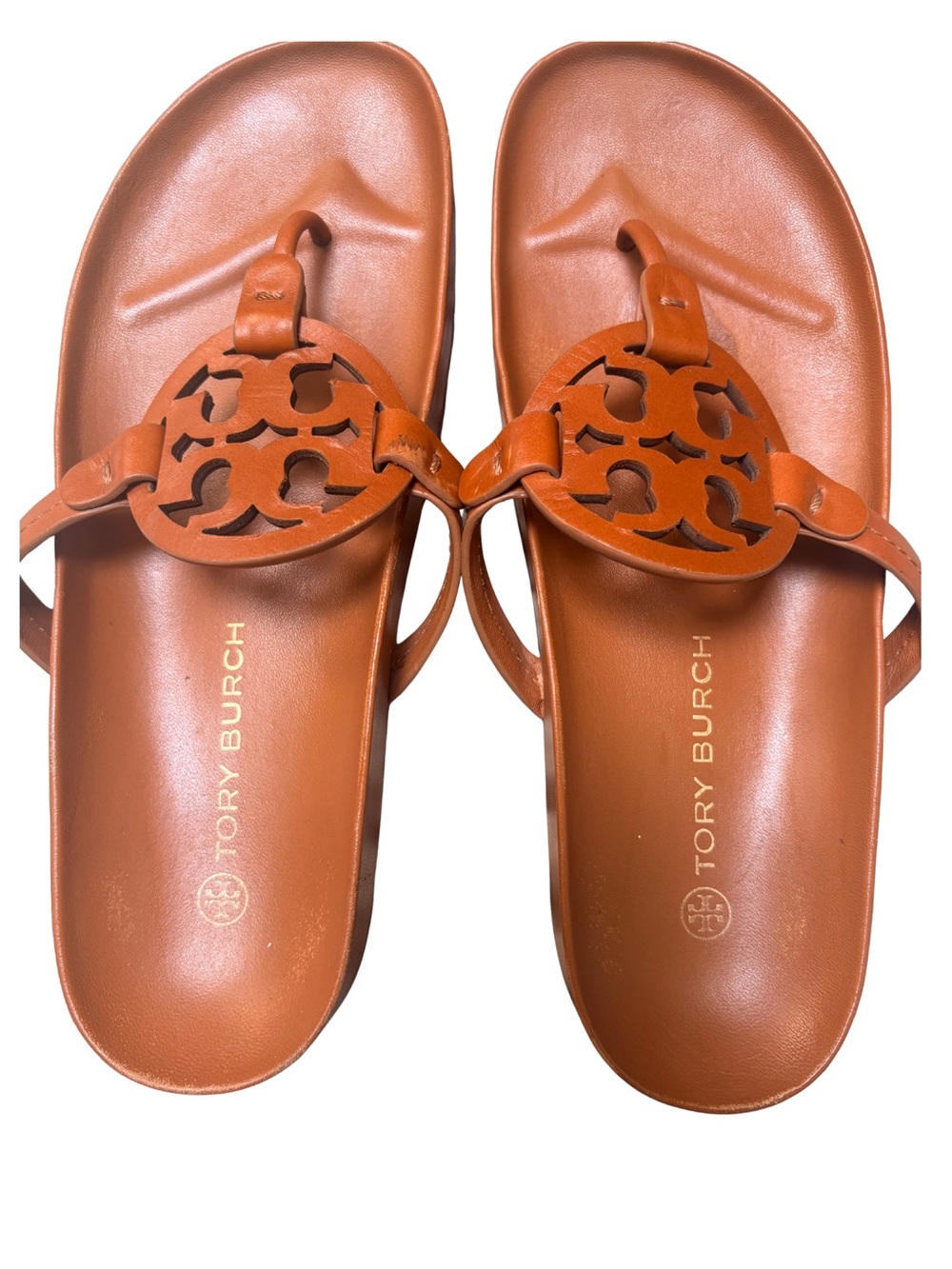 Tory Burch Miller Cloud Leather Logo Thong Sandals Brown Size 10